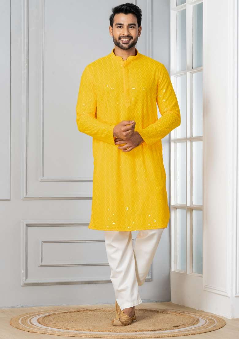 Yellow Embroidery Silk Blend Kurta Pyjama Set For Men - Indya