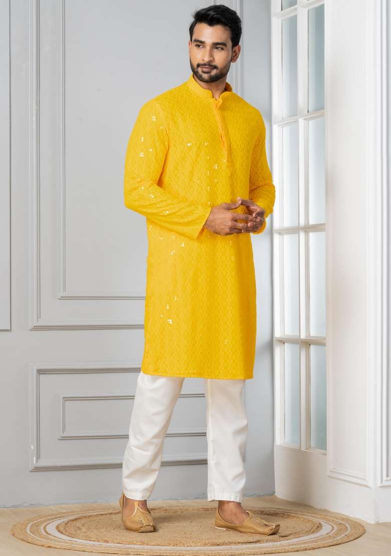 Yellow Embroidery Silk Blend Kurta Pyjama Set For Men - Indya