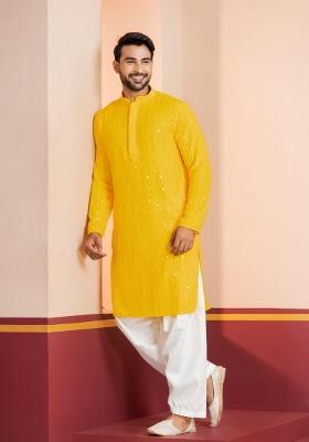 Yellow Embroidery Silk Kurta Patiala Set For Men