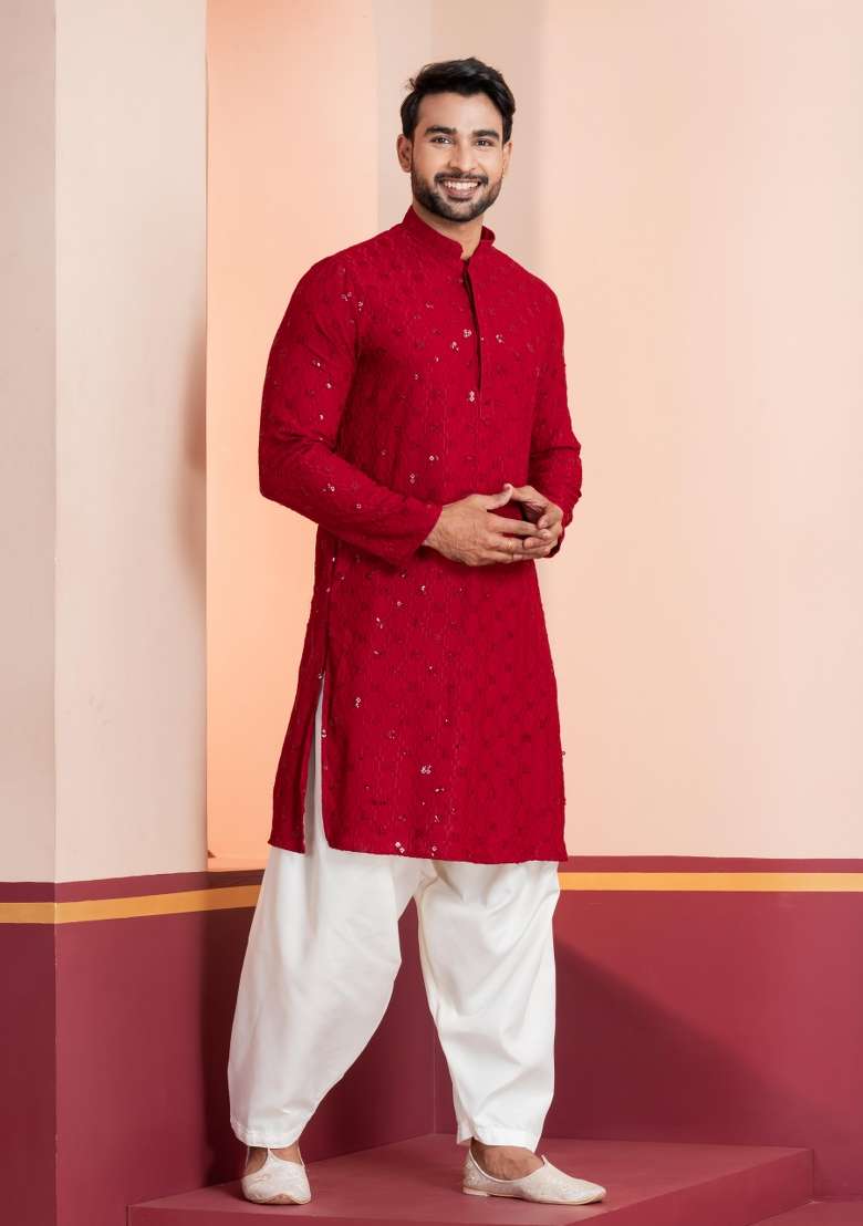 Red Embroidery Silk Blend Kurta For Men - Indya