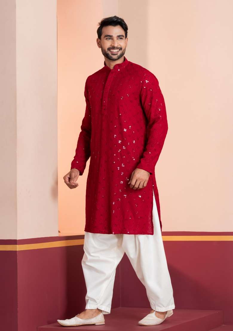 Red Embroidery Silk Blend Kurta For Men - Indya