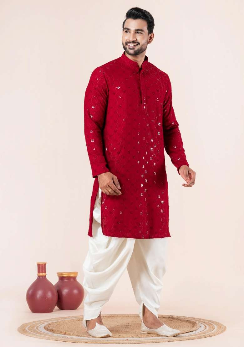 Red Embroidery Silk Blend Kurta Dhoti Set For Men - Indya