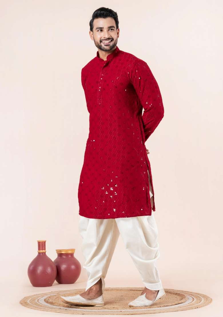 Red Embroidery Silk Blend Kurta Dhoti Set For Men - Indya
