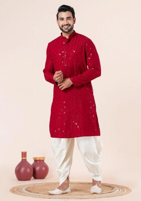 Red Embroidery Silk Kurta Dhoti Set For Men