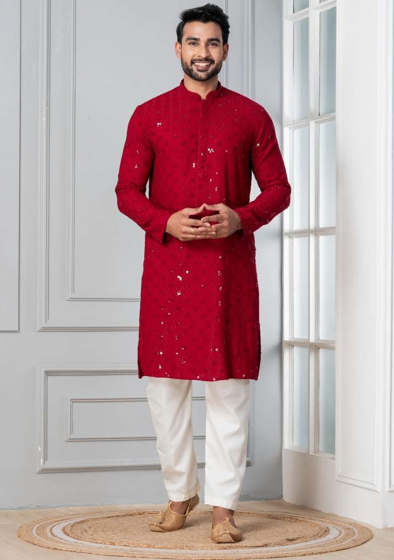 Red Embroidery Silk Blend Kurta Pyjama Set For Men - Indya