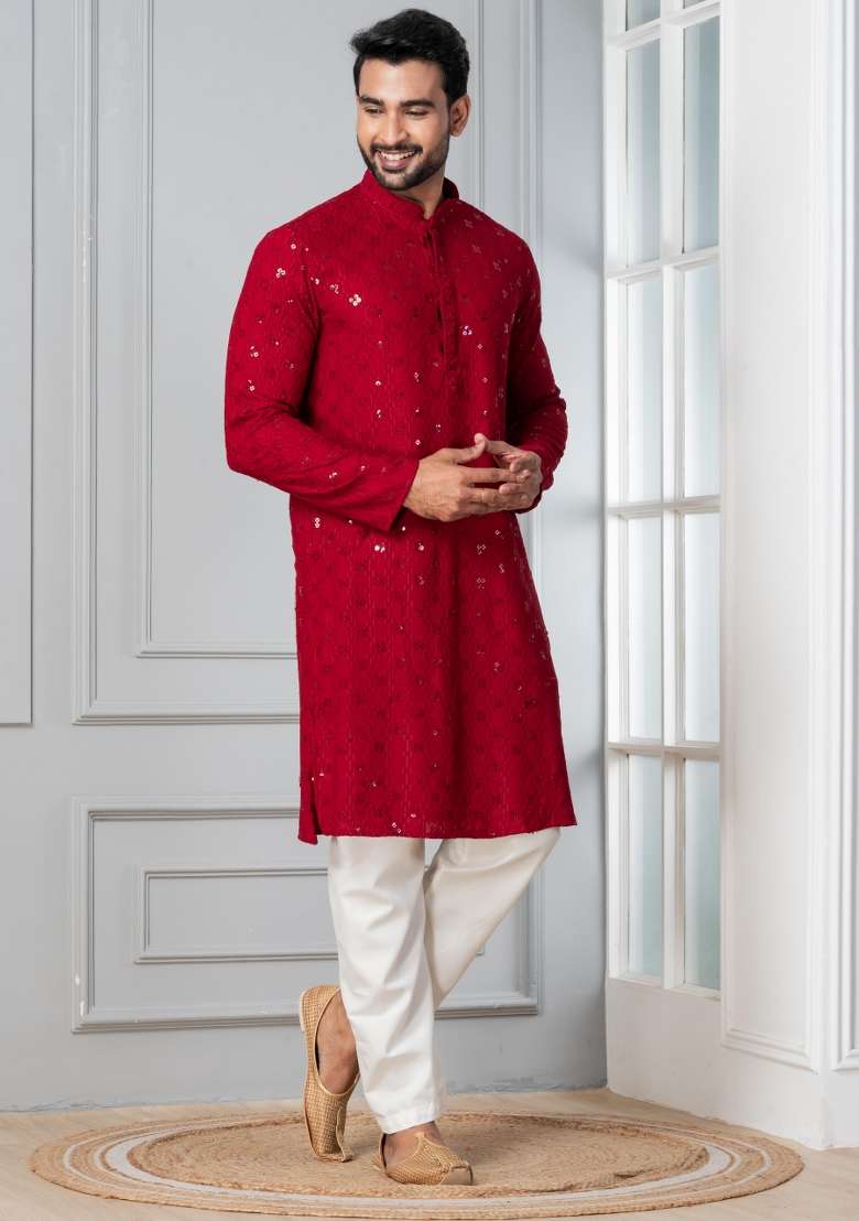 Red Embroidery Silk Blend Kurta Pyjama Set For Men - Indya