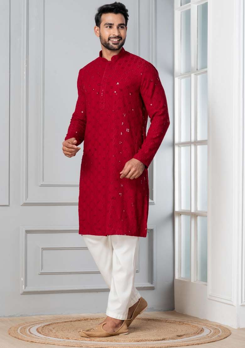 Red Embroidery Silk Blend Kurta Pyjama Set For Men - Indya