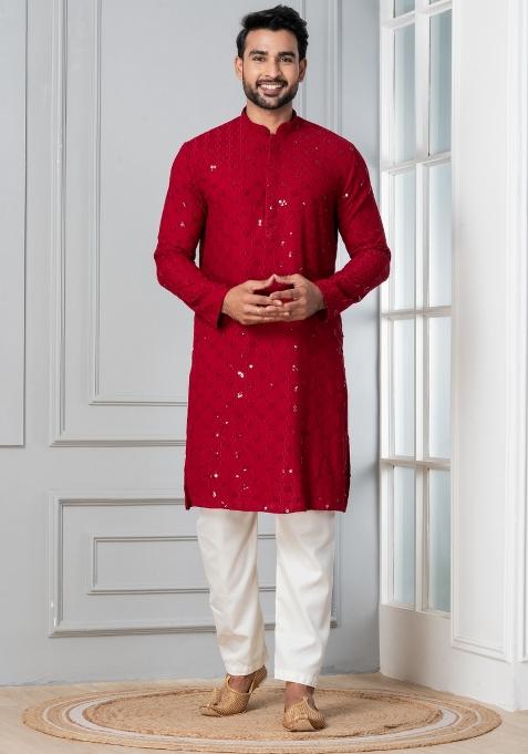 Red Embroidery Silk Kurta Pyjama Set For Men