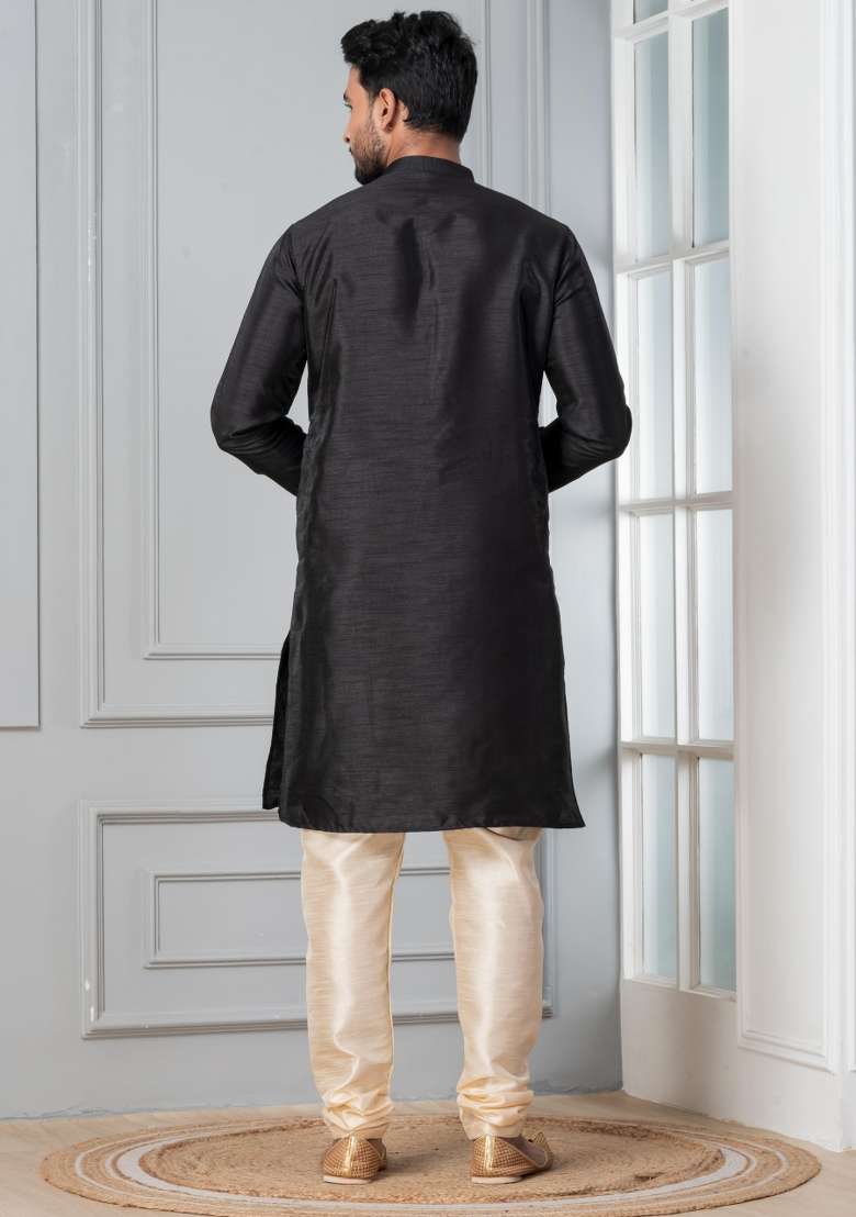 Black Solid Silk Blend Kurta Churidar Set For Men - Indya