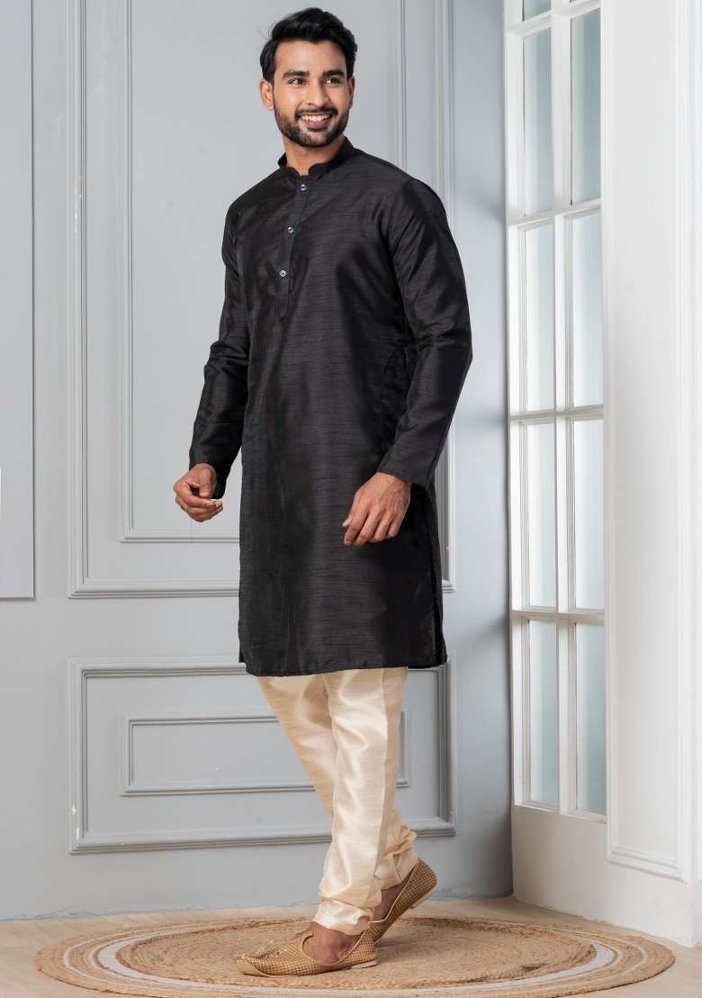 Black Solid Silk Blend Kurta Churidar Set For Men - Indya