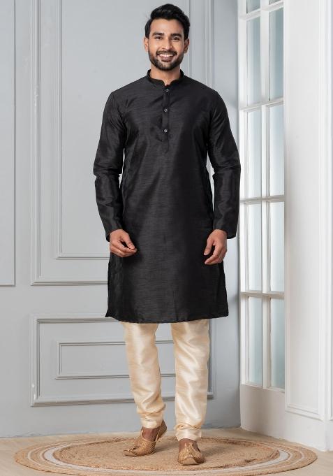 Black Solid Silk Kurta Churidar Set For Men