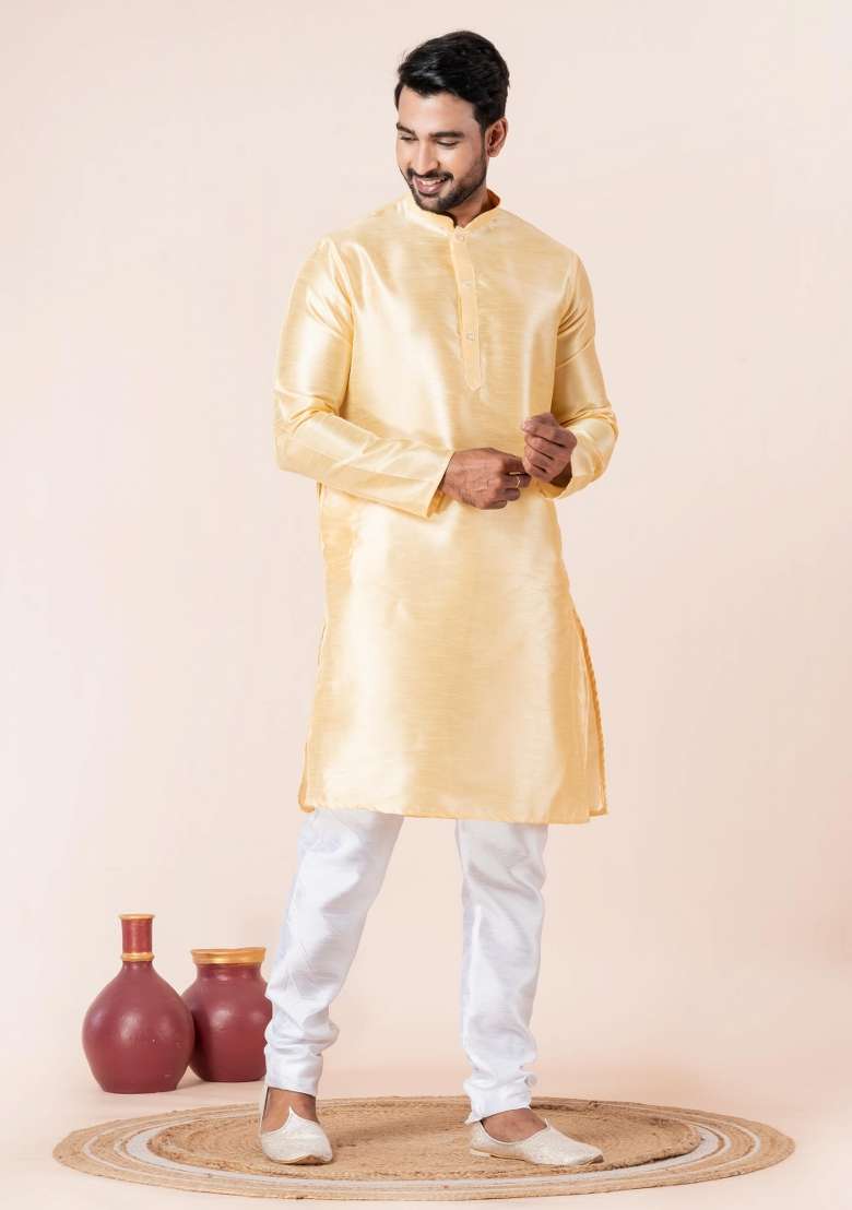 Yellow Solid Silk Blend Kurta For Men - Indya