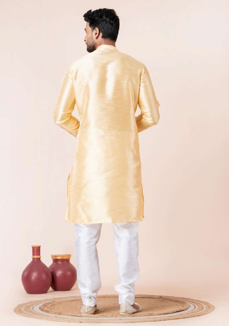 Yellow Solid Silk Blend Kurta Churidar Set For Men - Indya