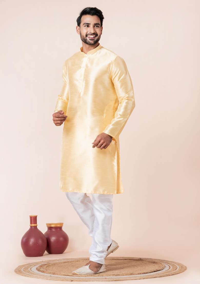 Yellow Solid Silk Blend Kurta Churidar Set For Men - Indya