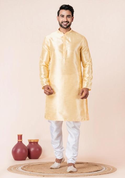 Yellow Solid Silk Kurta Churidar Set For Men