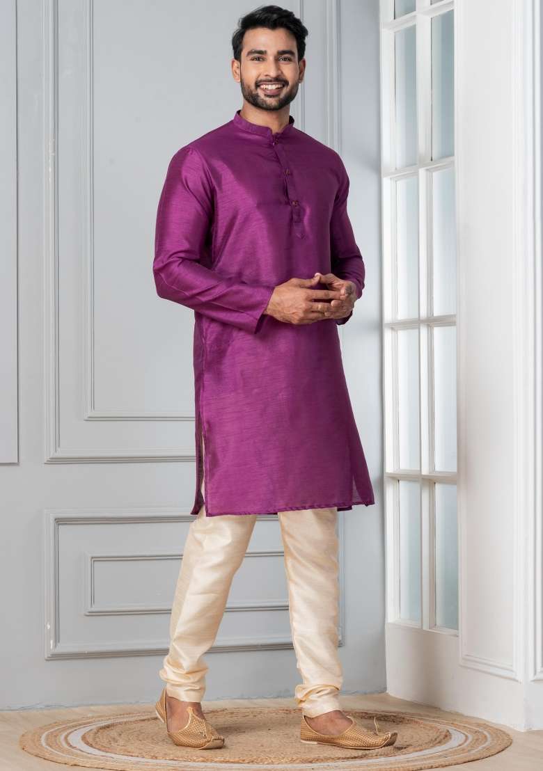 Purple Solid Silk Blend Kurta For Men - Indya