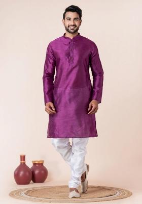 Purple Solid Silk Kurta Churidar Set For Men