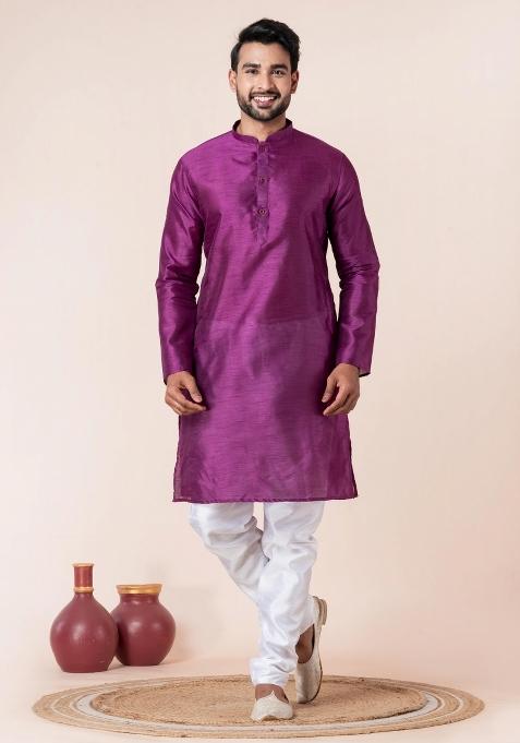 Purple Solid Silk Kurta Churidar Set For Men