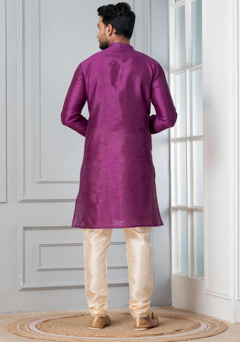 Purple Solid Silk Blend Kurta Churidar Set For Men - Indya