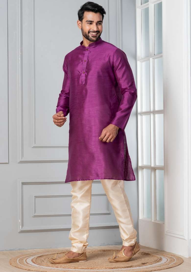 Purple Solid Silk Blend Kurta Churidar Set For Men - Indya