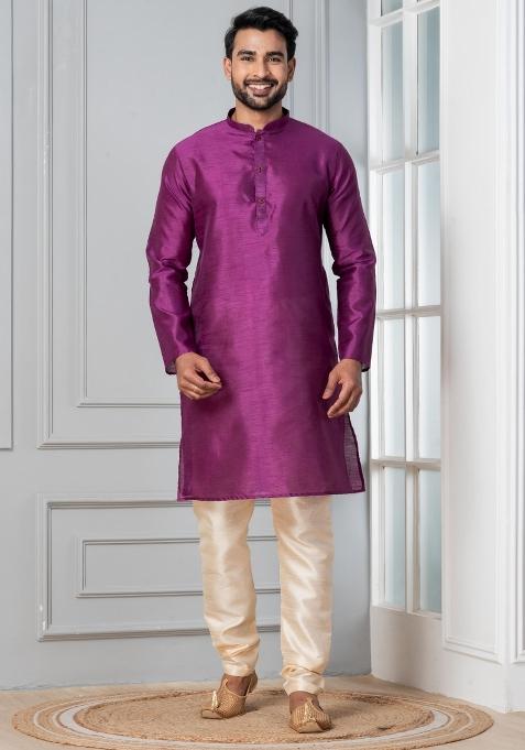 Purple Solid Silk Kurta Churidar Set For Men