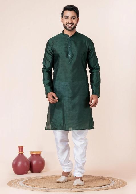Dark Green Solid Silk Kurta For Men