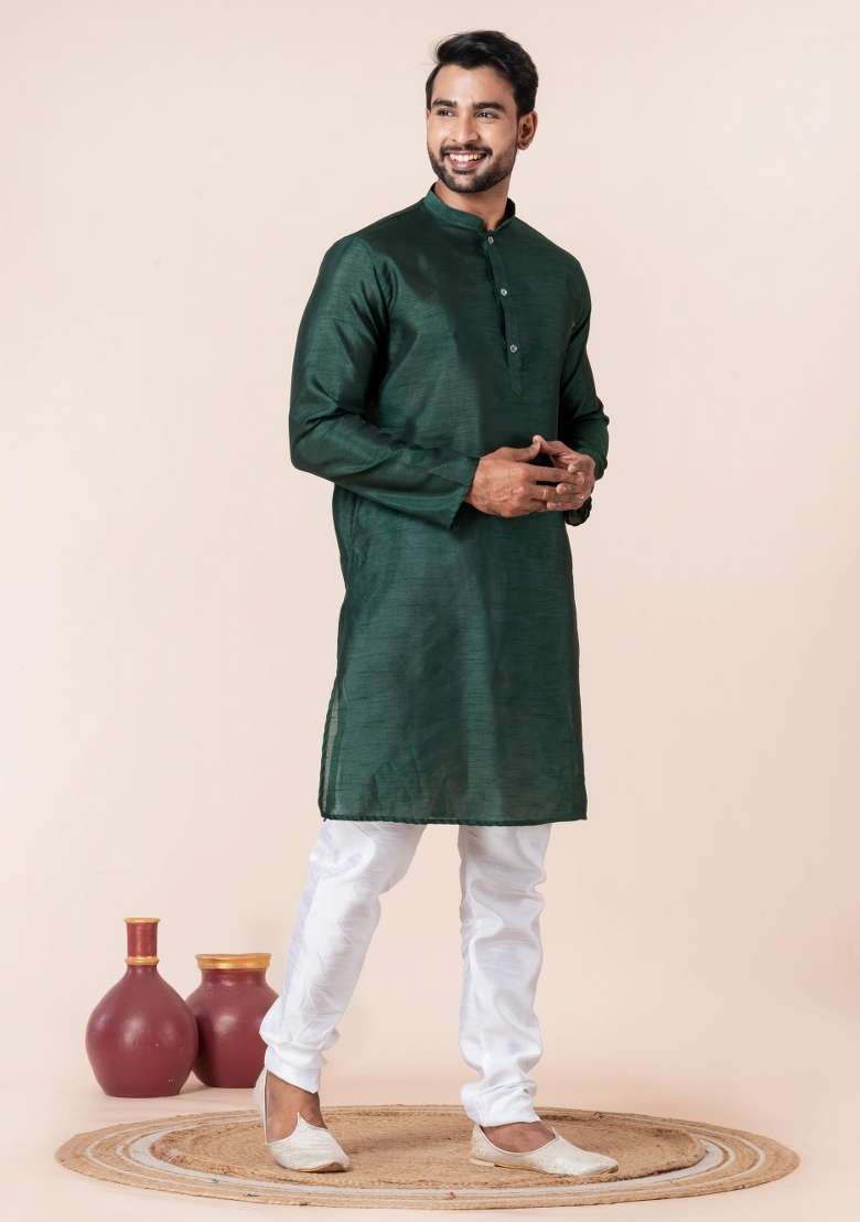 Dark Green Solid Silk Blend Kurta Churidar Set For Men - Indya
