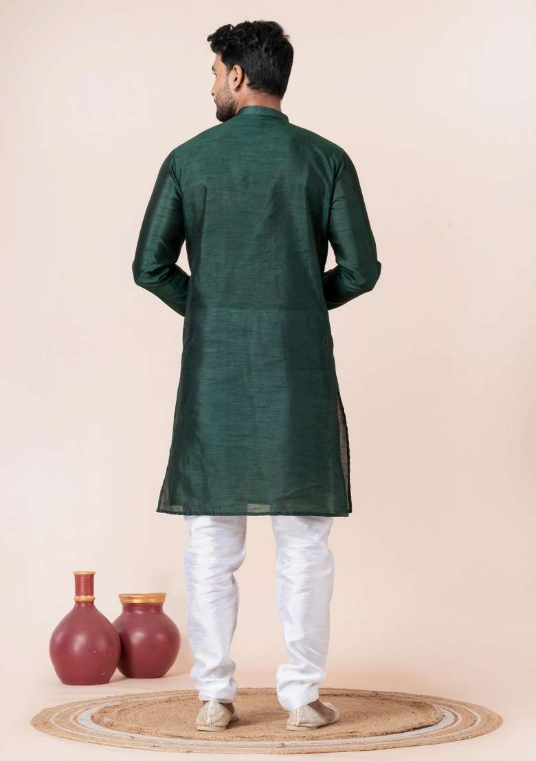 Dark Green Solid Silk Blend Kurta Churidar Set For Men - Indya