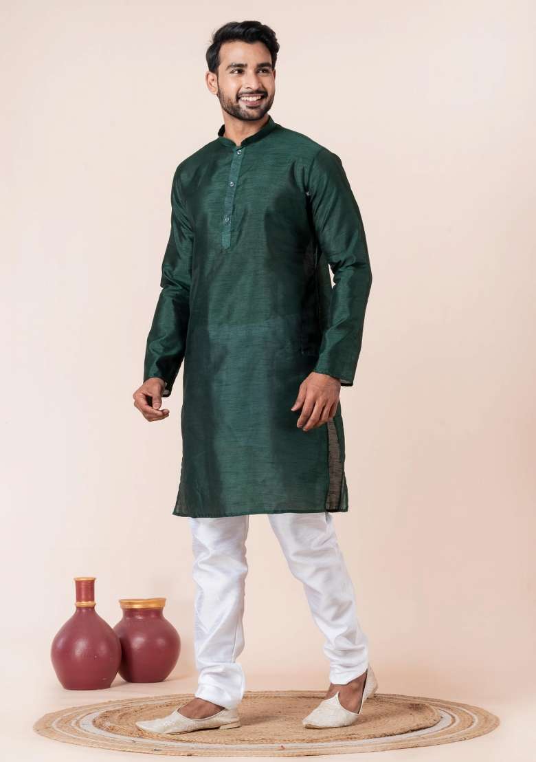 Dark Green Solid Silk Blend Kurta Churidar Set For Men - Indya