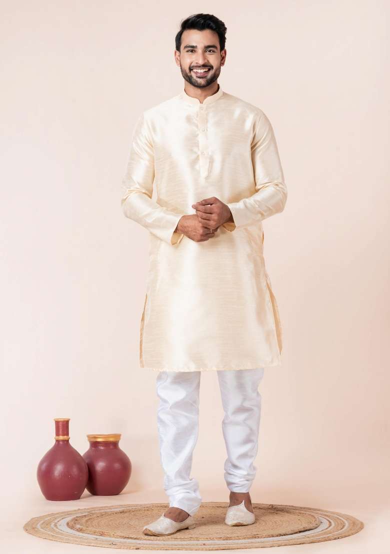 Beige Solid Silk Blend Kurta Churidar Set For Men - Indya