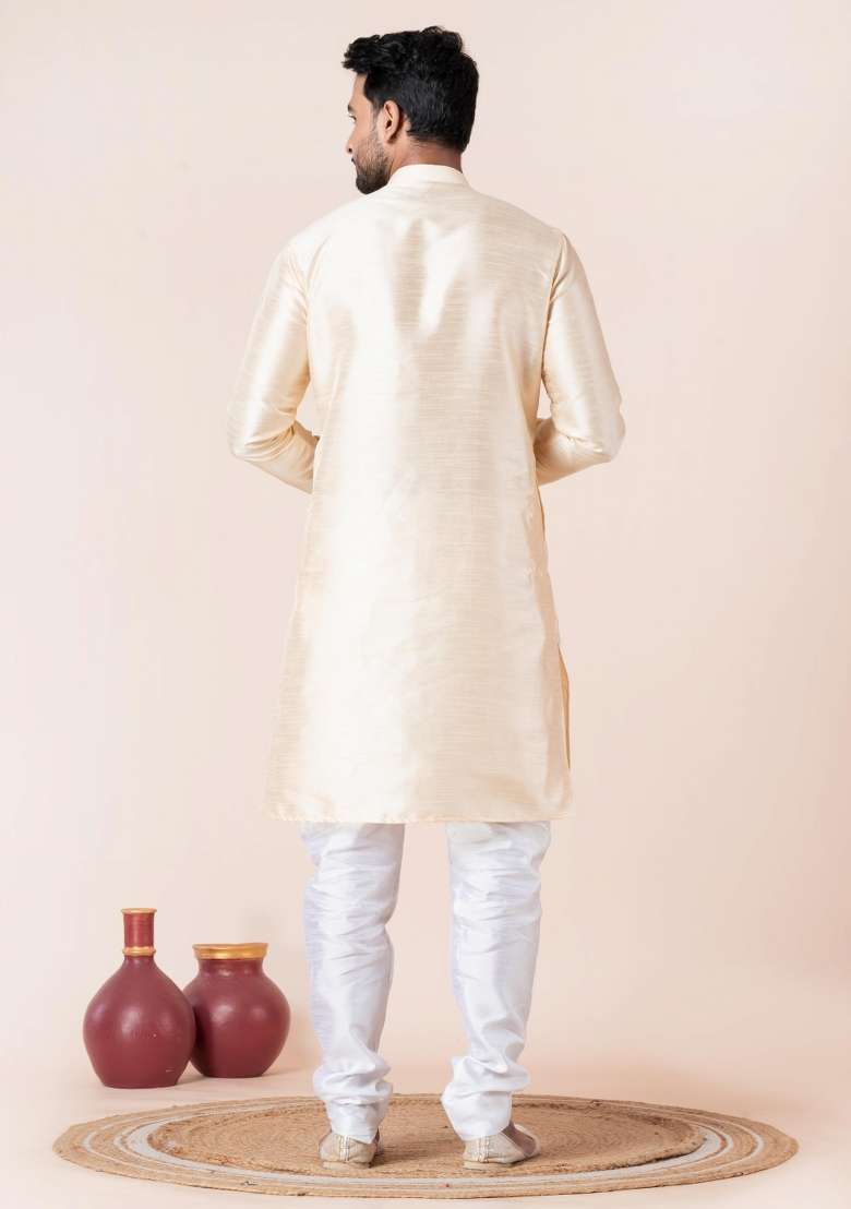 Beige Solid Silk Blend Kurta Churidar Set For Men - Indya