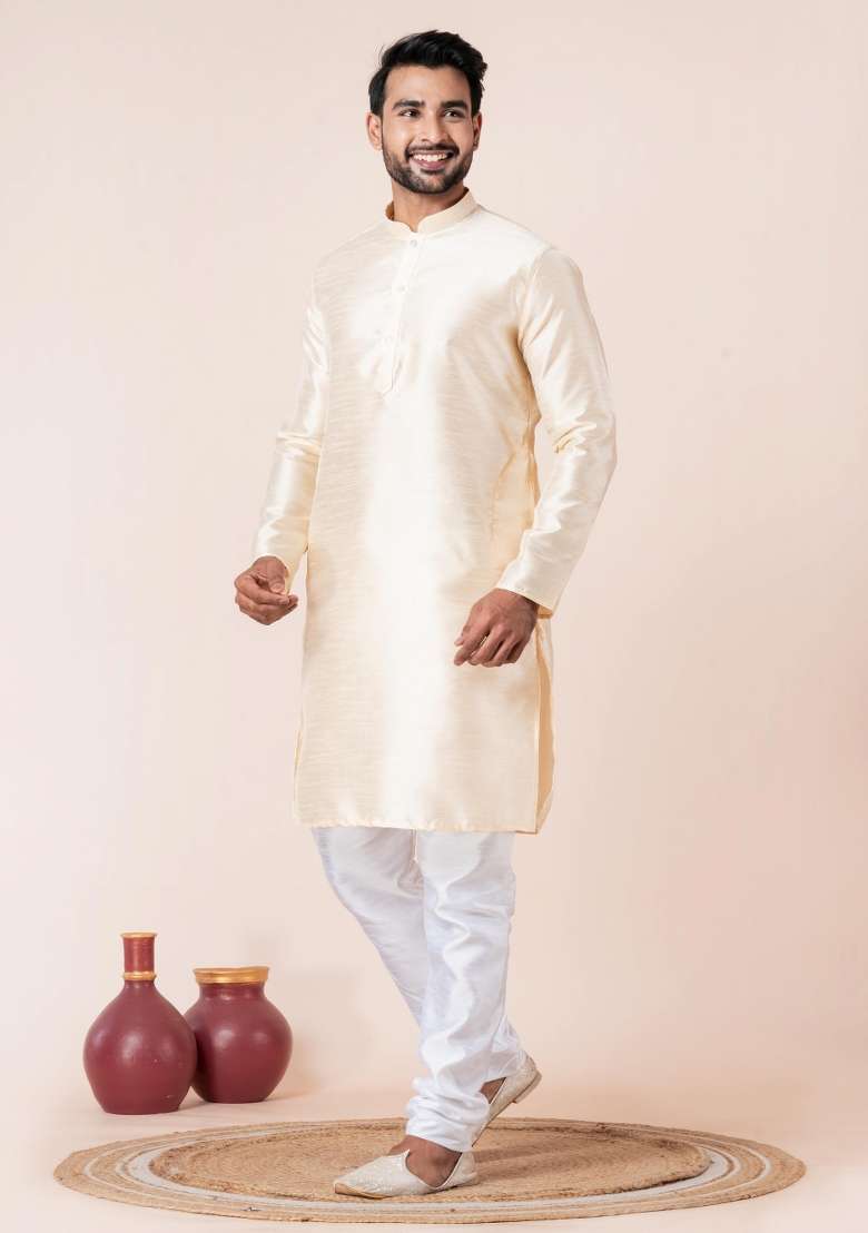 Beige Solid Silk Blend Kurta Churidar Set For Men - Indya