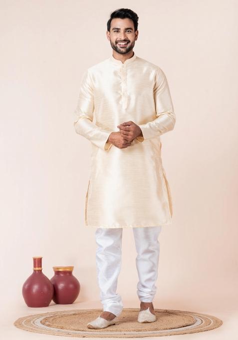 Beige Solid Silk Kurta Churidar Set For Men