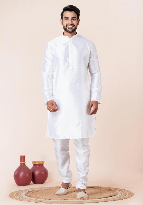 White Solid Silk Kurta For Men