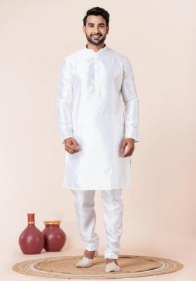 White Solid Silk Blend Kurta Churidar Set For Men