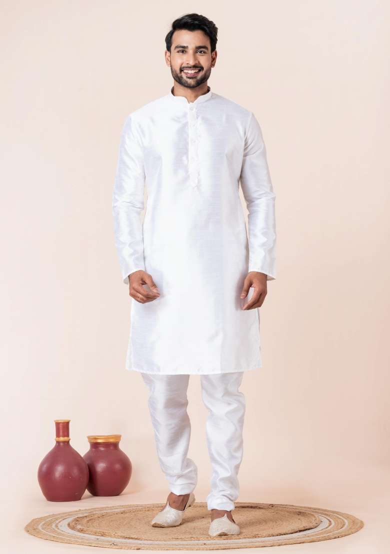 White Solid Silk Blend Kurta Churidar Set For Men - Indya
