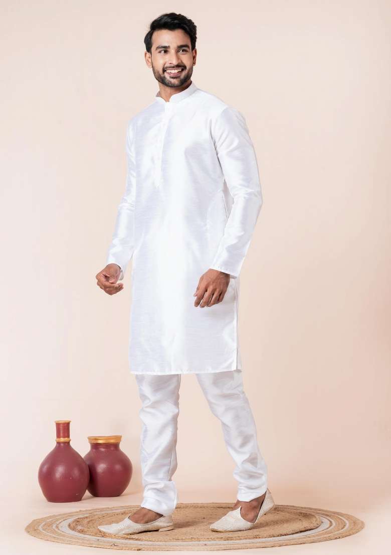 White Solid Silk Blend Kurta Churidar Set For Men - Indya