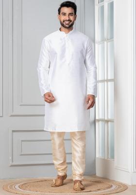 White Solid Silk Blend Kurta Churidar Set For Men