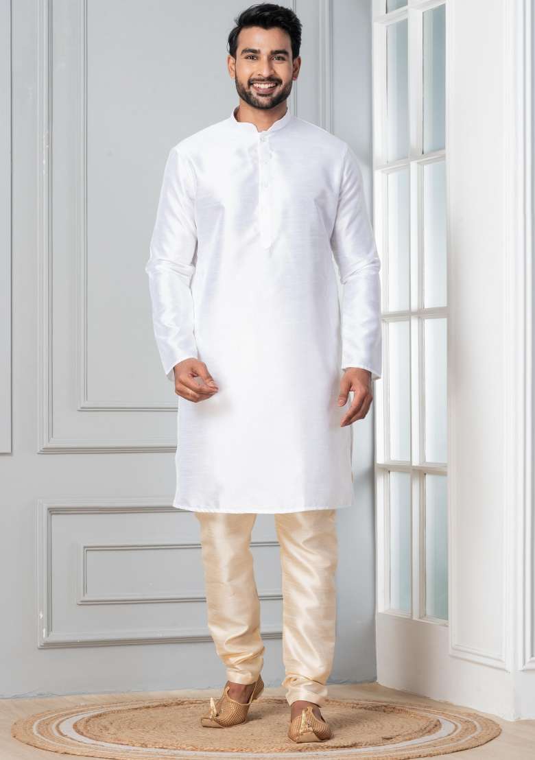 White Solid Silk Blend Kurta Churidar Set For Men - Indya