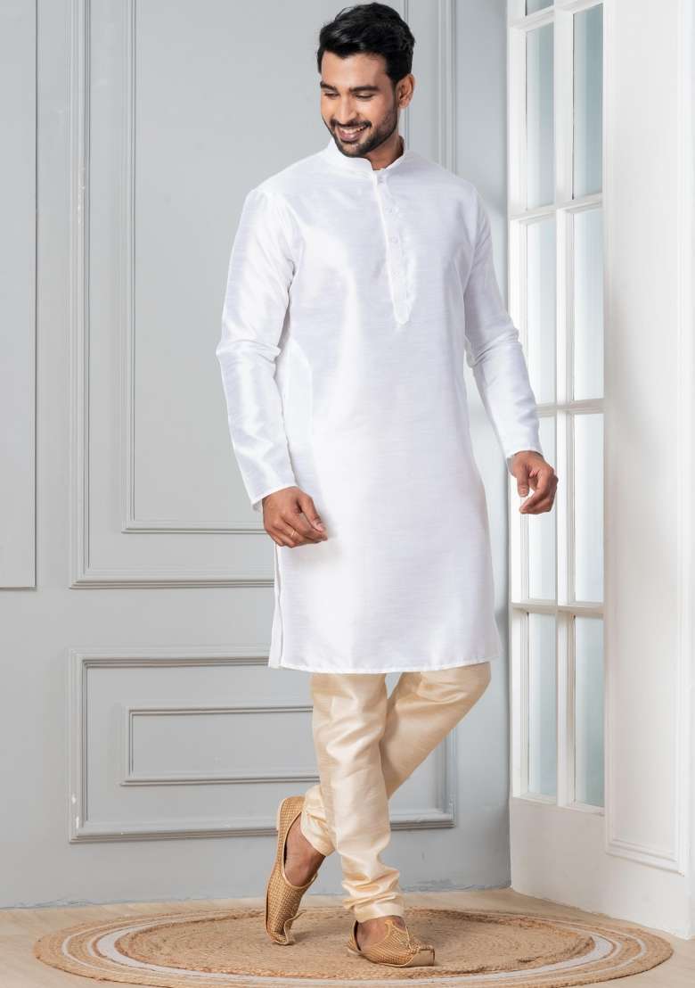 White Solid Silk Blend Kurta Churidar Set For Men - Indya