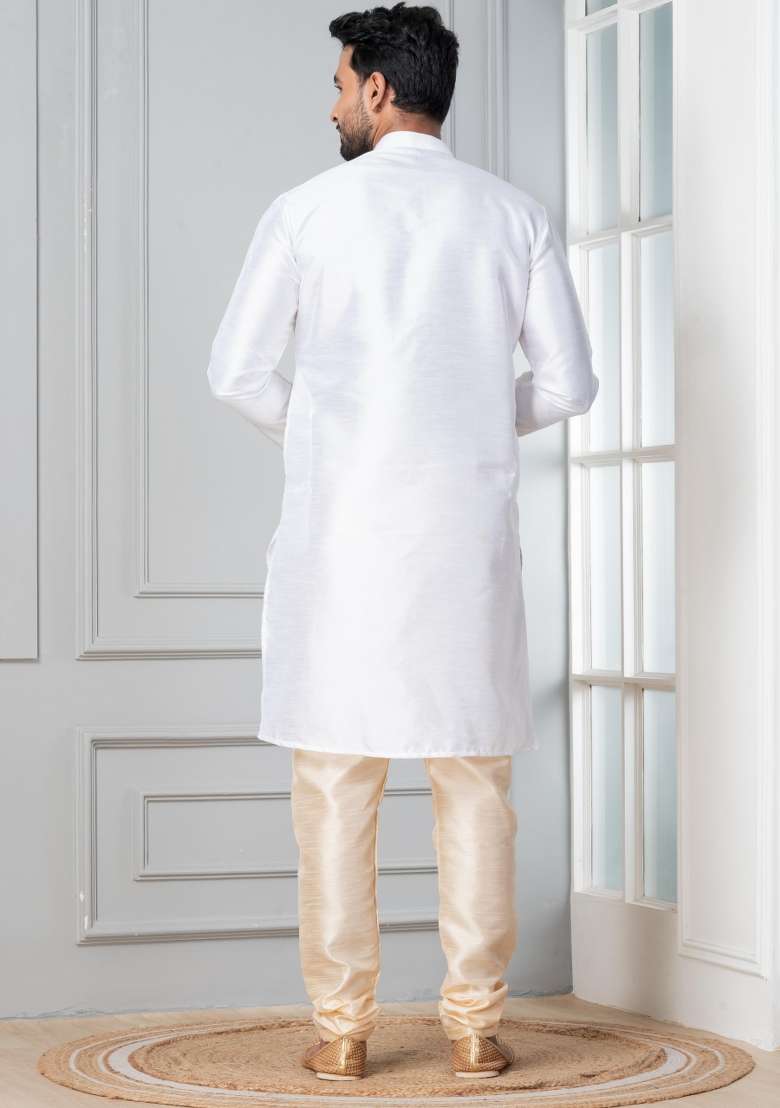 White Solid Silk Blend Kurta Churidar Set For Men - Indya