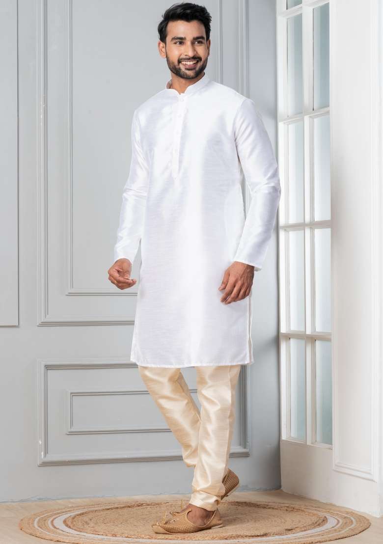 White Solid Silk Blend Kurta Churidar Set For Men - Indya