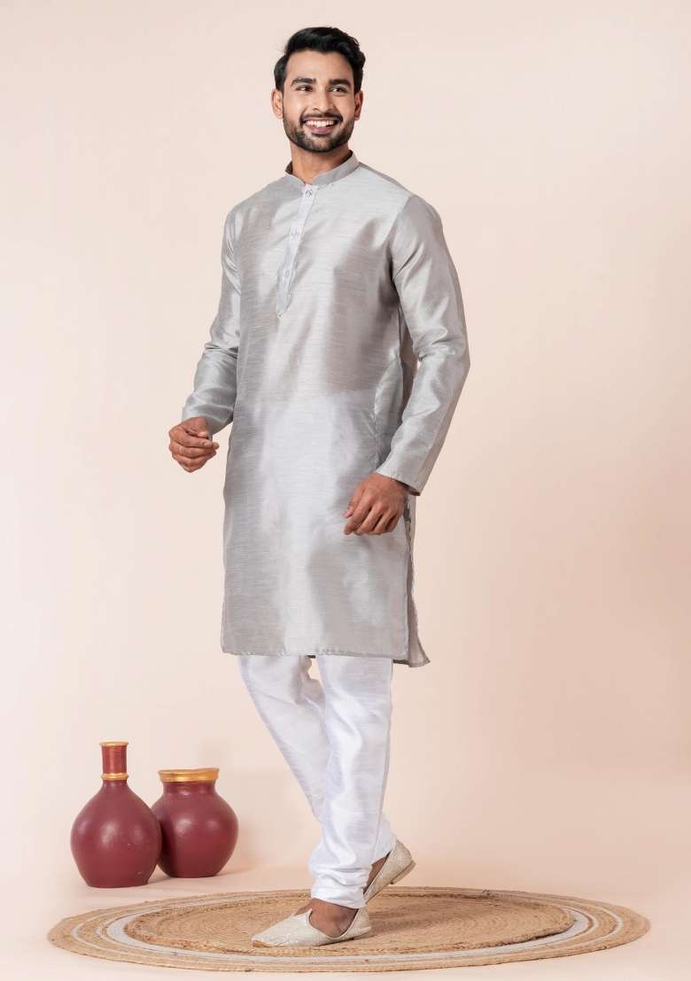 Grey Solid Silk Blend Kurta For Men - Indya