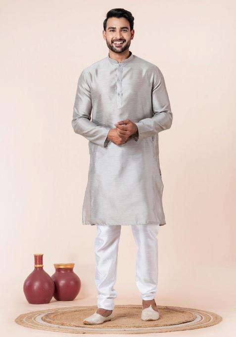 Grey Solid Silk Kurta For Men