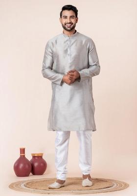 Grey Solid Silk Kurta Churidar Set For Men