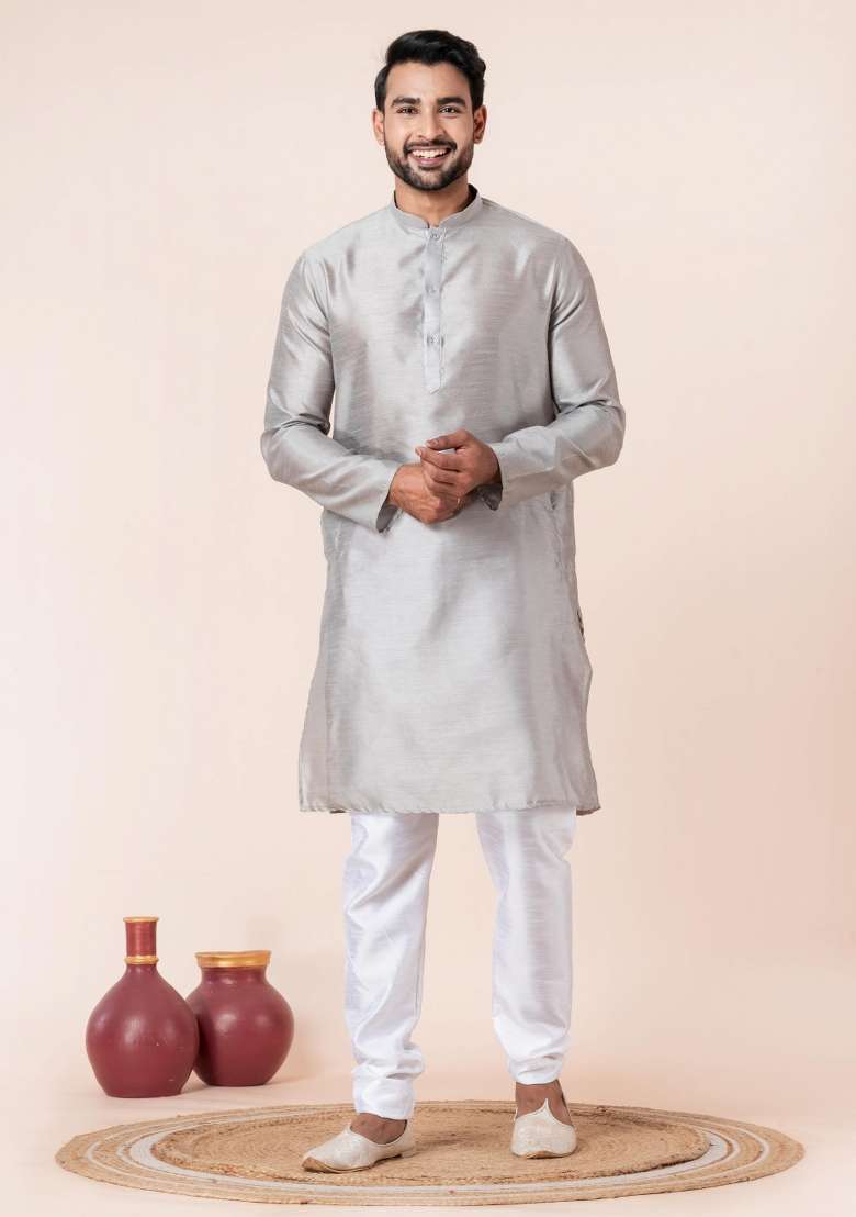 Grey Solid Silk Blend Kurta Churidar Set For Men - Indya