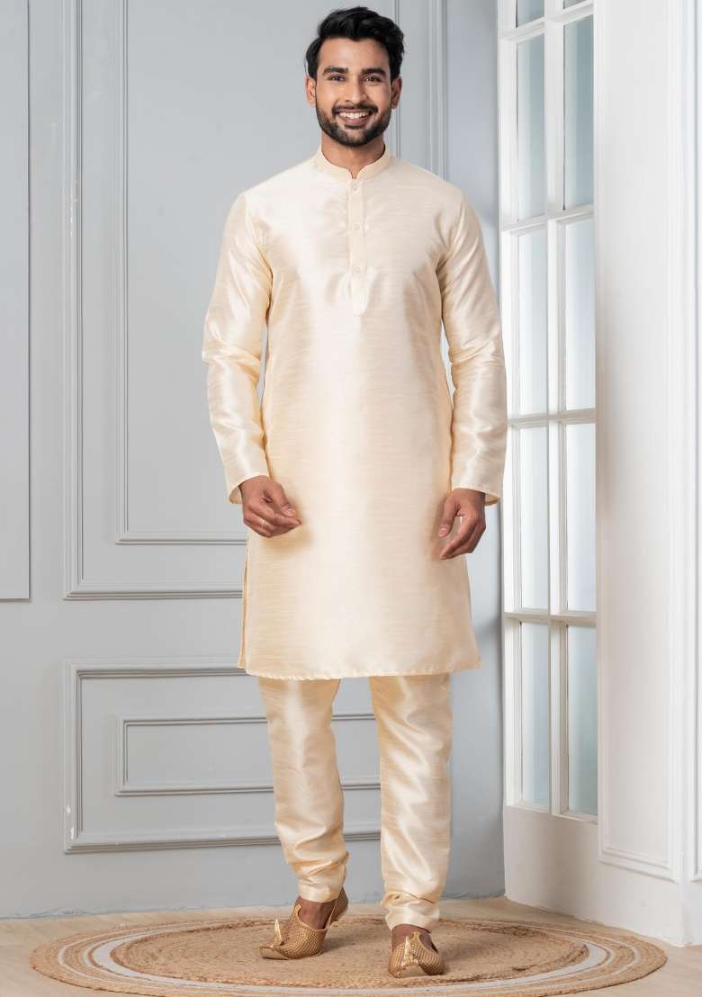 Grey Solid Silk Blend Kurta Churidar Set For Men - Indya