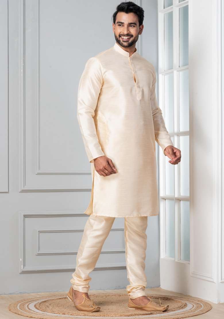 Grey Solid Silk Blend Kurta Churidar Set For Men - Indya