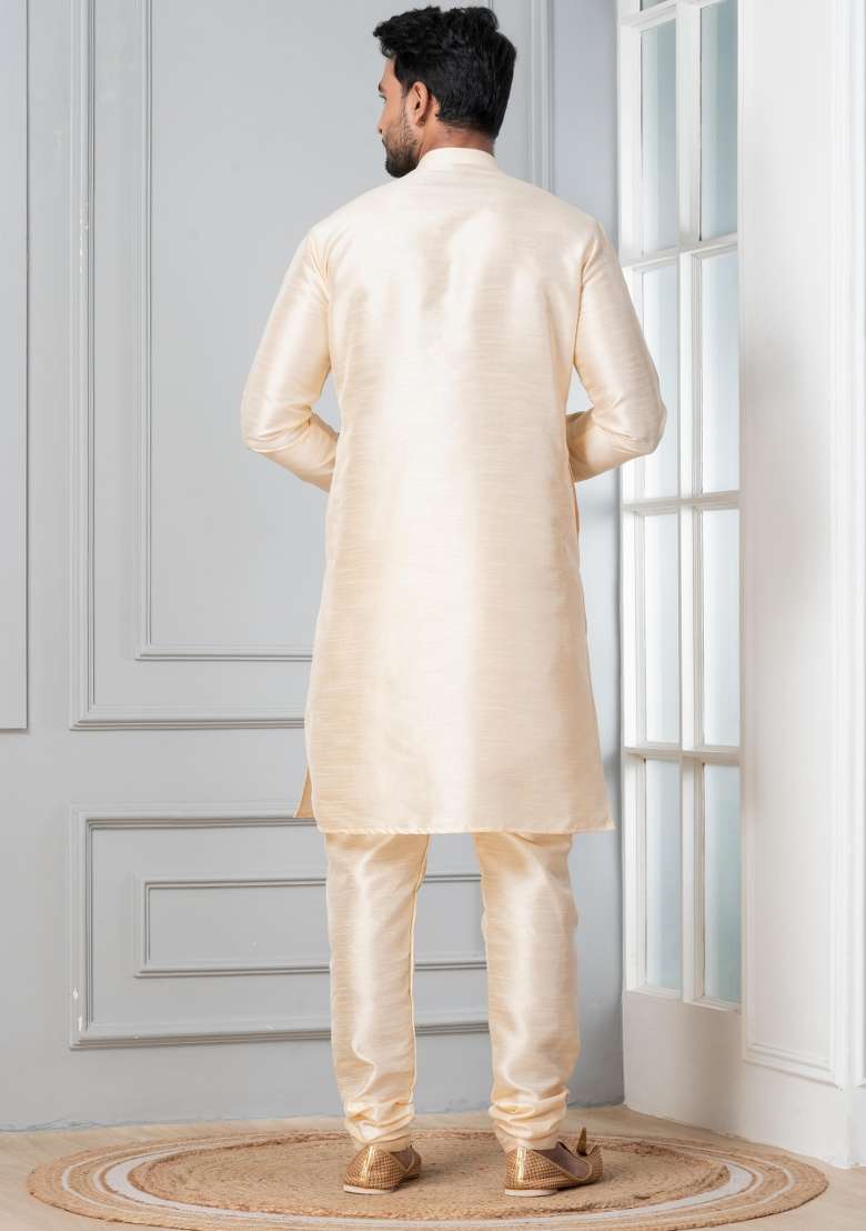 Grey Solid Silk Blend Kurta Churidar Set For Men - Indya