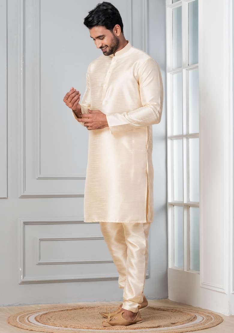 Grey Solid Silk Blend Kurta Churidar Set For Men - Indya